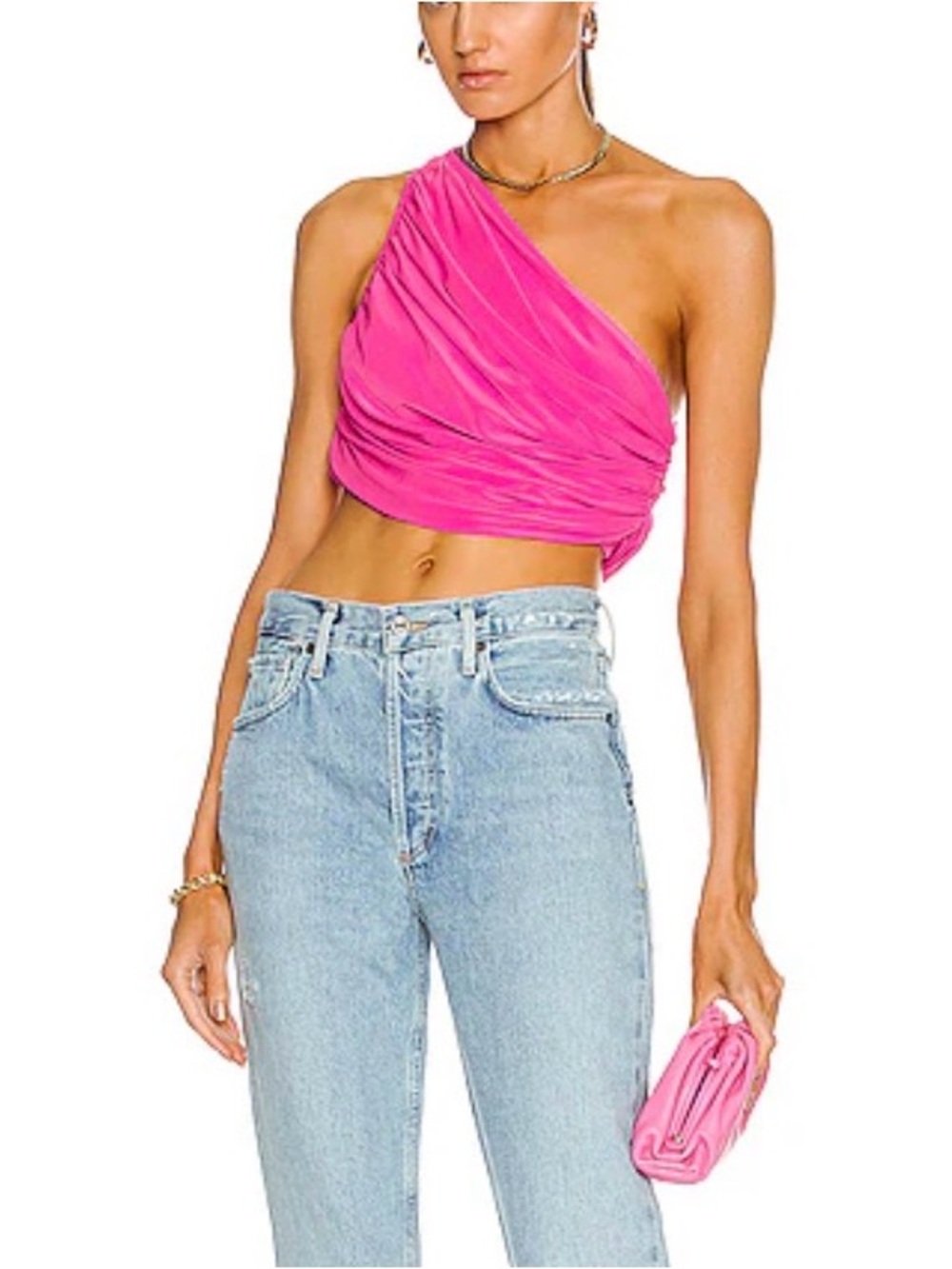 Norma Kamali Hot Pink One-Shoulder Ruched Crop Top
